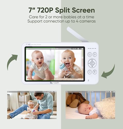 Dual Camera Baby Monitor 7 Inch 720P HD Split Screen No WiFi Long Range 1000ft VOX Night Vision