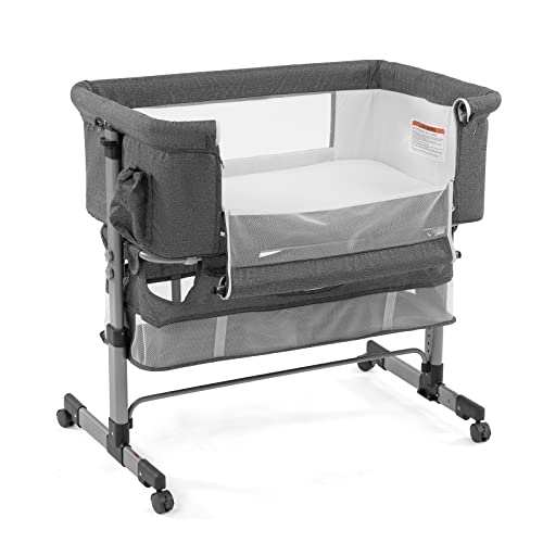 Three In One Bedside Crib For Baby Adjustable Portable Bassinet For Newborn Safe Sleep Grey