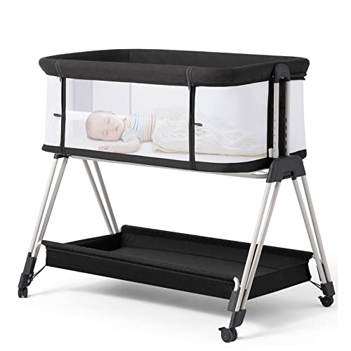 Baby Bedside Bassinet With Wheels And Storage Tray 4 Sided Mesh Co Sleeper For Infant
