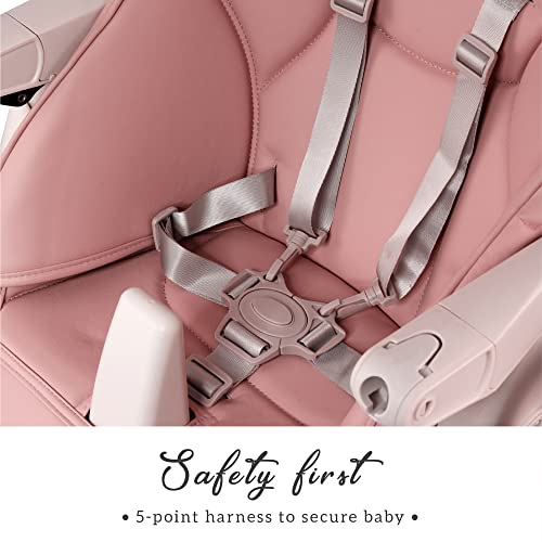 Adjustable 7 Height Foldable Baby High Chair Pink For Babies And Toddlers Removable Tray And Safety Harness