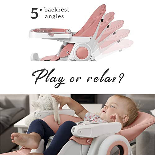 Adjustable 7 Height Foldable Baby High Chair Pink For Babies And Toddlers Removable Tray And Safety Harness