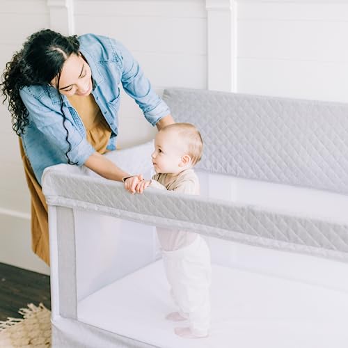 Breathable Mesh Full Size Baby Crib Portable Bed With Luxe Quilted Fabric Grey For Nursery