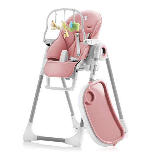 Adjustable 7 Height Foldable Baby High Chair Pink For Babies And Toddlers Removable Tray And Safety Harness