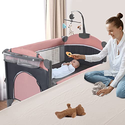 5 In 1 Baby Crib Bedside Sleeper Bassinet With Mattress Foldable Portable Travel Crib Pink