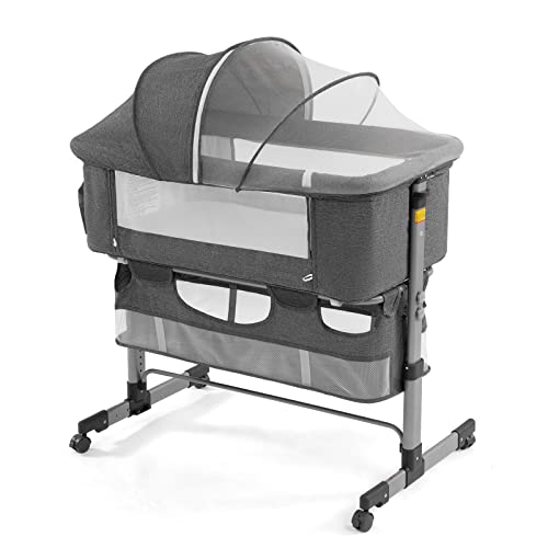 Three In One Bedside Crib For Baby Adjustable Portable Bassinet For Newborn Safe Sleep Grey