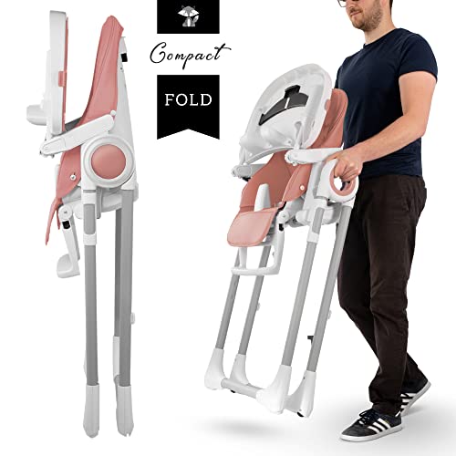 Adjustable 7 Height Foldable Baby High Chair Pink For Babies And Toddlers Removable Tray And Safety Harness
