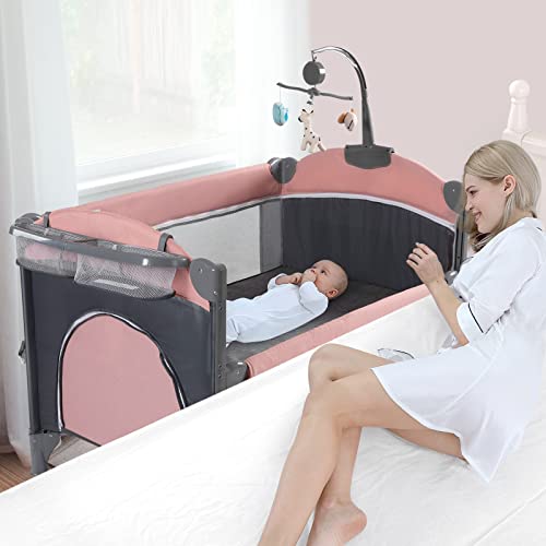 Five In One Baby Bassinet Bedside Sleeper Playard With Changing Table and Mattress Pink