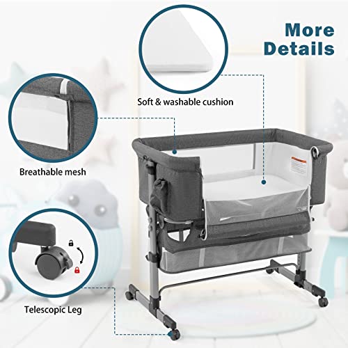 Three In One Bedside Crib For Baby Adjustable Portable Bassinet For Newborn Safe Sleep Grey