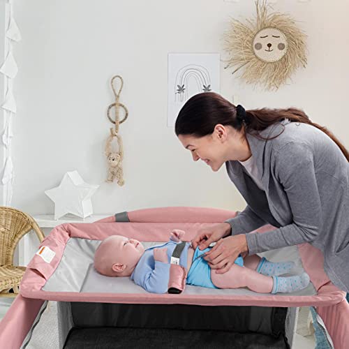5 In 1 Baby Crib Bedside Sleeper Bassinet With Mattress Foldable Portable Travel Crib Pink