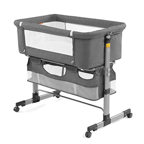 Three In One Bedside Crib For Baby Adjustable Portable Bassinet For Newborn Safe Sleep Grey