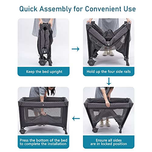 4 In 1 Portable Baby Crib And Nursery Center With Removable Canopy Changing Table Lockable Wheels Storage Bag