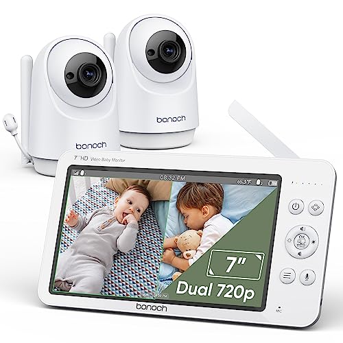 Dual Camera Baby Monitor 7 Inch 720P HD Split Screen No WiFi Long Range 1000ft VOX Night Vision