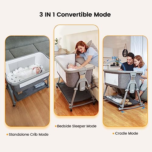 3 In 1 Foldable Baby Bassinet Bedside Sleeper With Large Storage Basket Breathable Mesh Cotton Mattress Travel Bag