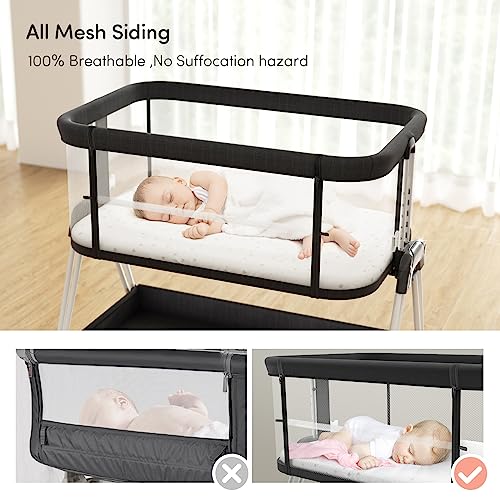 Baby Bedside Bassinet With Wheels And Storage Tray 4 Sided Mesh Co Sleeper For Infant
