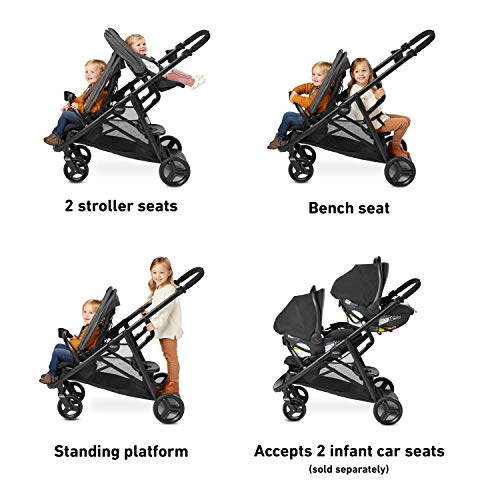 Double Stroller With Bench Seat And Standing Platform For Two Seats Compact Fold