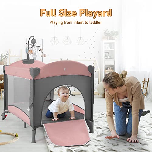 Five In One Baby Bassinet Bedside Sleeper Playard With Changing Table and Mattress Pink