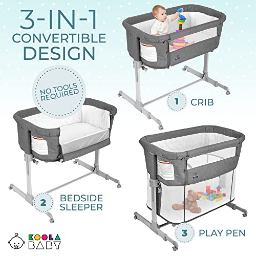 3 In 1 Baby Bassinet Bedside Sleeper Playpen Portable Crib Grey With Easy Fold Travel Ready