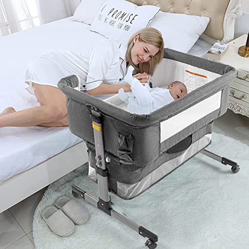Three In One Bedside Crib For Baby Adjustable Portable Bassinet For Newborn Safe Sleep Grey