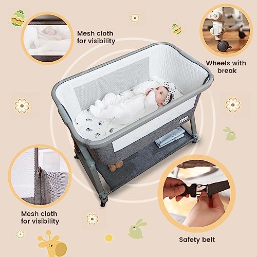 3 In 1 Foldable Baby Bassinet Bedside Sleeper With Large Storage Basket Breathable Mesh Cotton Mattress Travel Bag
