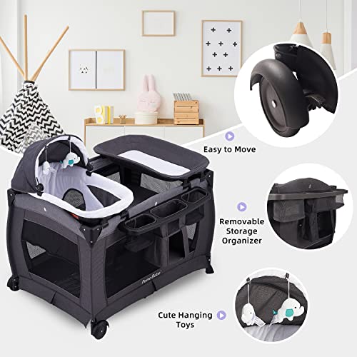 Foldable Baby Playard With Bassinet And Changing Table And Mattress For Nursery Center For Newborn To Toddler