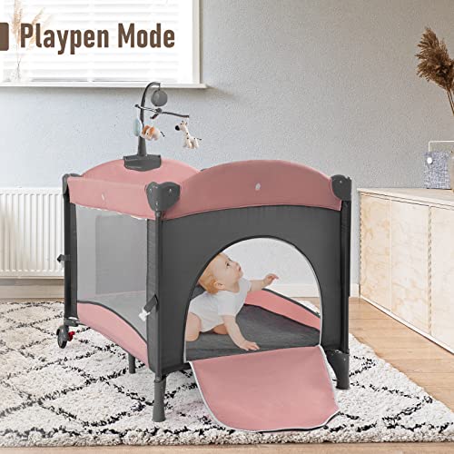 5 In 1 Baby Crib Bedside Sleeper Bassinet With Mattress Foldable Portable Travel Crib Pink
