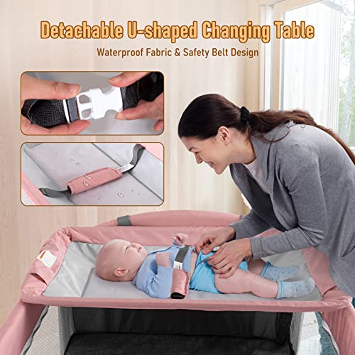 Five In One Baby Bassinet Bedside Sleeper Playard With Changing Table and Mattress Pink