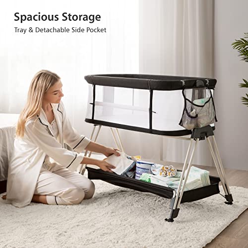 Baby Bedside Bassinet With Wheels And Storage Tray 4 Sided Mesh Co Sleeper For Infant