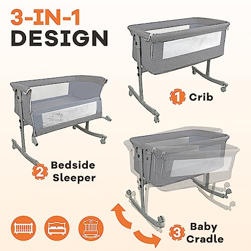 Adjustable Bedside Crib for Baby 3 In 1 Bassinet With Large Curvature Cradle And Mosquito Net