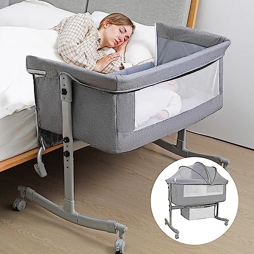 Adjustable Bedside Crib for Baby 3 In 1 Bassinet With Large Curvature Cradle And Mosquito Net
