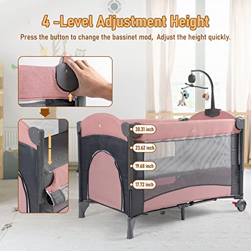 Five In One Baby Bassinet Bedside Sleeper Playard With Changing Table and Mattress Pink