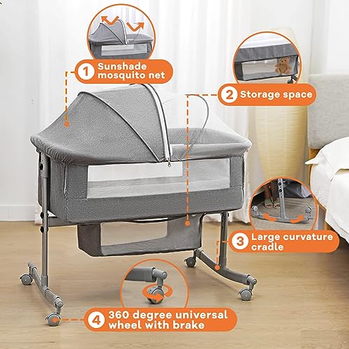 Adjustable Bedside Crib for Baby 3 In 1 Bassinet With Large Curvature Cradle And Mosquito Net