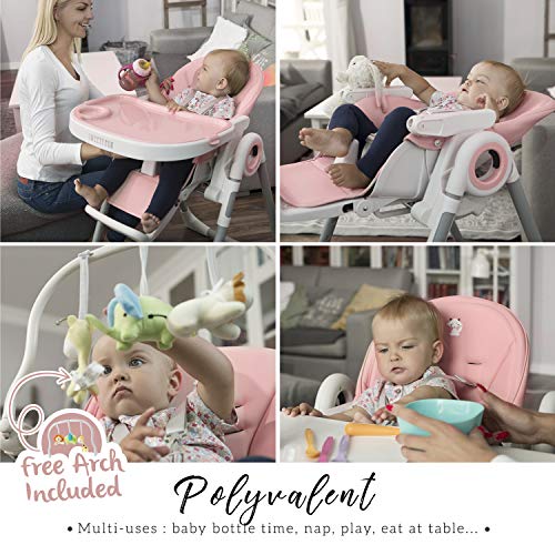 Adjustable 7 Height Foldable Baby High Chair Pink For Babies And Toddlers Removable Tray And Safety Harness