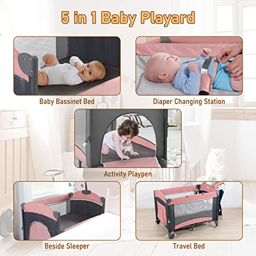 Five In One Baby Bassinet Bedside Sleeper Playard With Changing Table and Mattress Pink