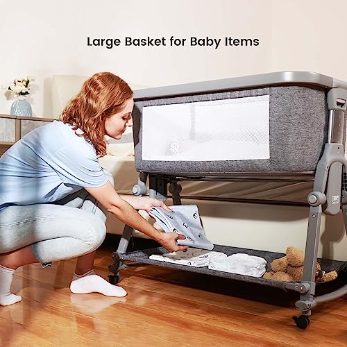 3 In 1 Foldable Baby Bassinet Bedside Sleeper With Large Storage Basket Breathable Mesh Cotton Mattress Travel Bag