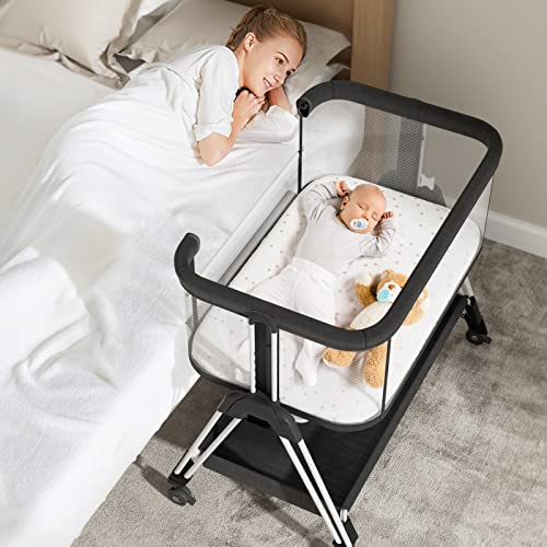Baby Bedside Bassinet With Wheels And Storage Tray 4 Sided Mesh Co Sleeper For Infant
