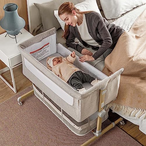 Baby Bassinet Bedside Sleeper With Comfy Mattress And Adjustable Height 360 Degree Swivel