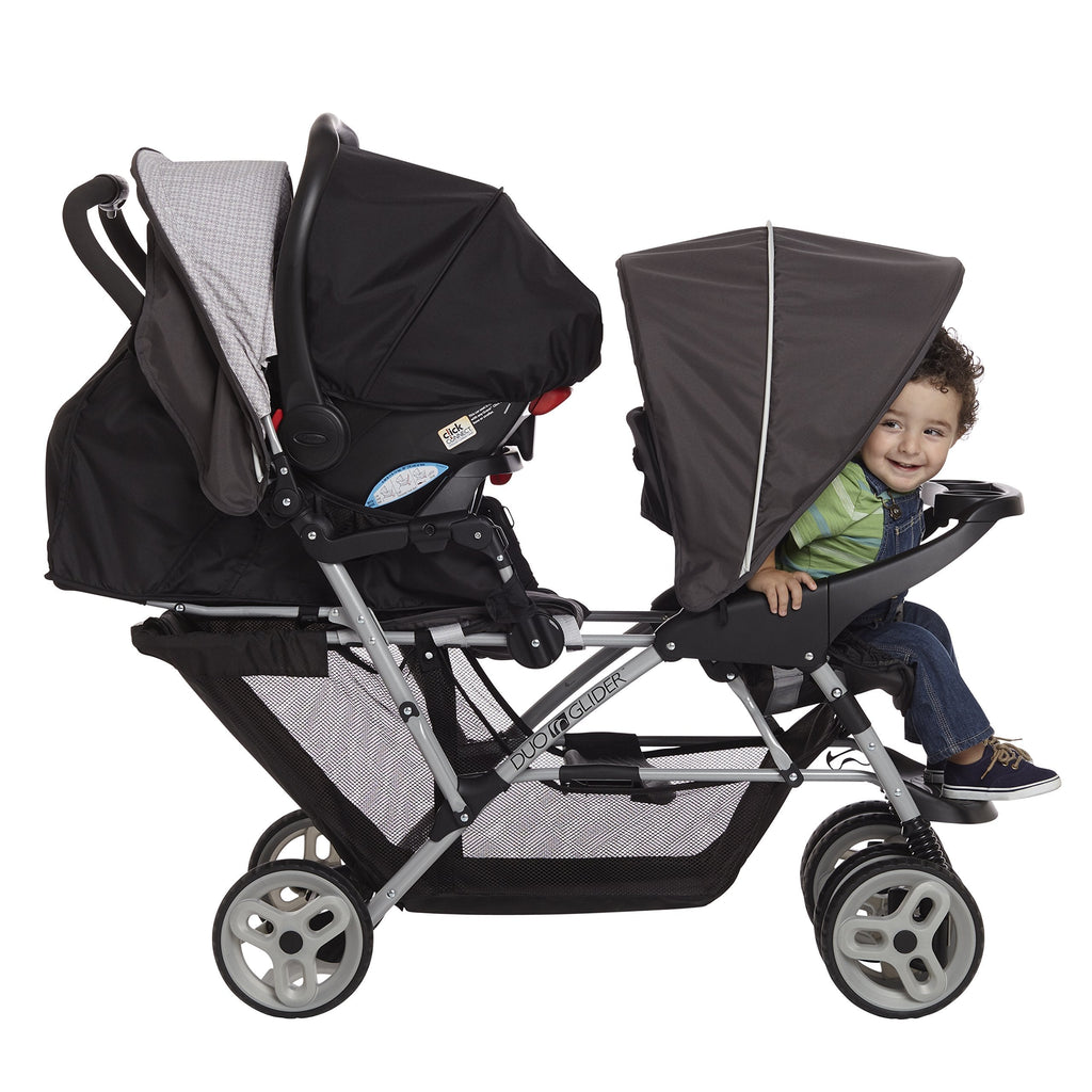 Double Tandem Stroller For Two Children Up To 40 Pounds Each With Car Seat Adapters And Easy One Hand Fold