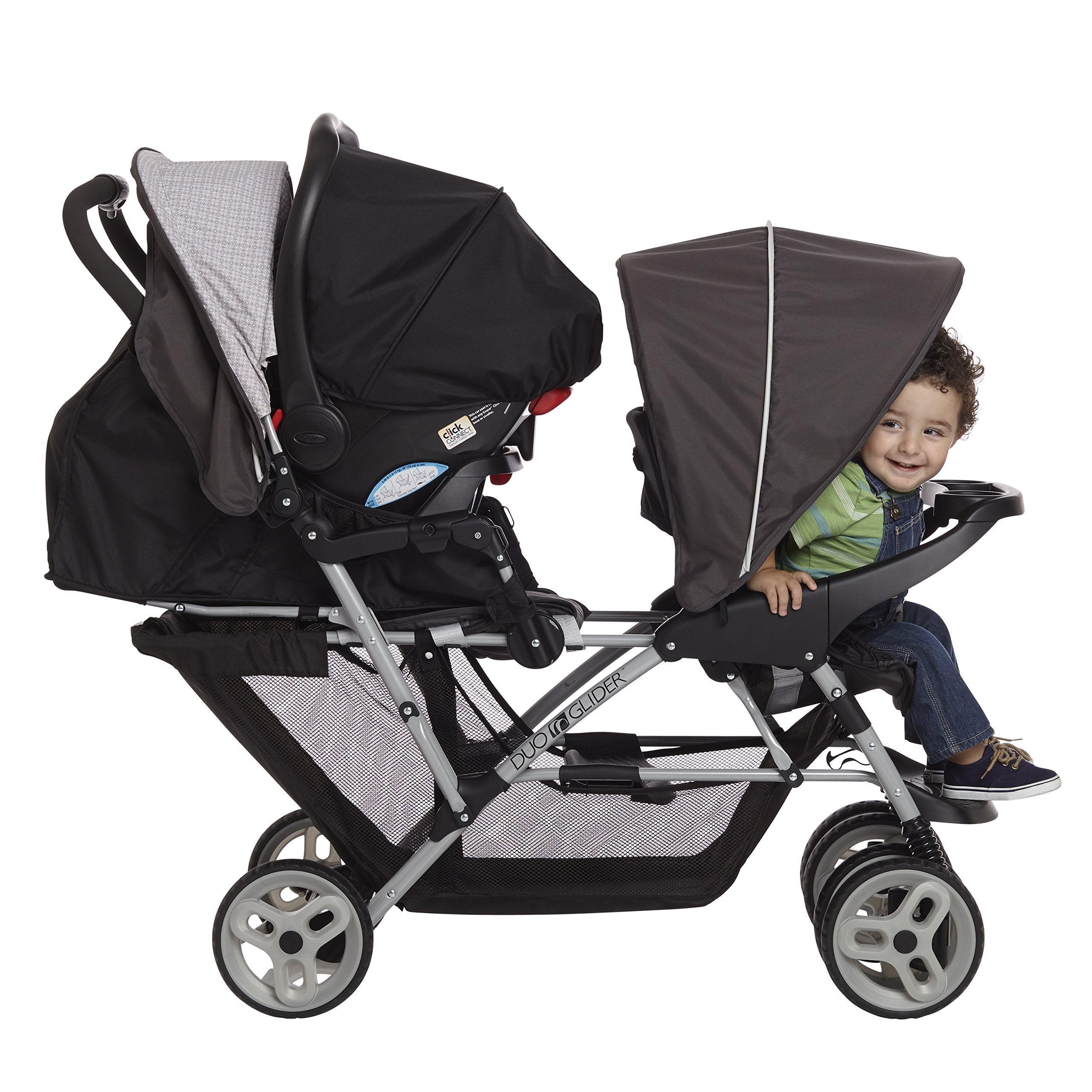 Double Tandem Stroller For Two Children Up To 40 Pounds Each With Car Seat Adapters And Easy One Hand Fold